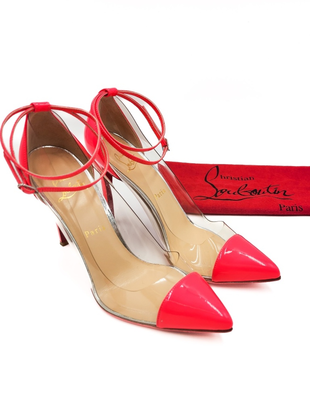 Christian Louboutin Hot Pink Patent Leather PVC Ankle Strap Pumps Heels 38